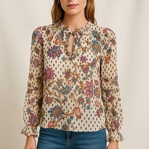 LOFT Petites Floral Ruffle Split Neck Blouse (1104)